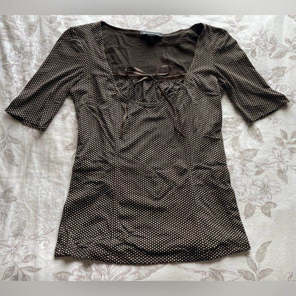 Y2K Nylon Brown White Polka Dot Micro Mesh Bow Top Small Coquette Cottage Office - Picture 1 of 6